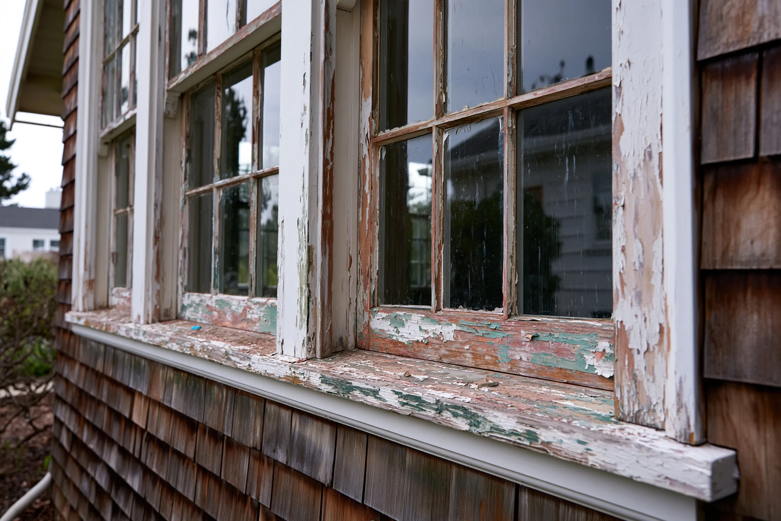 Old divided-light wood windows with flaking paint on the sills and sashes, set in wood shingle siding