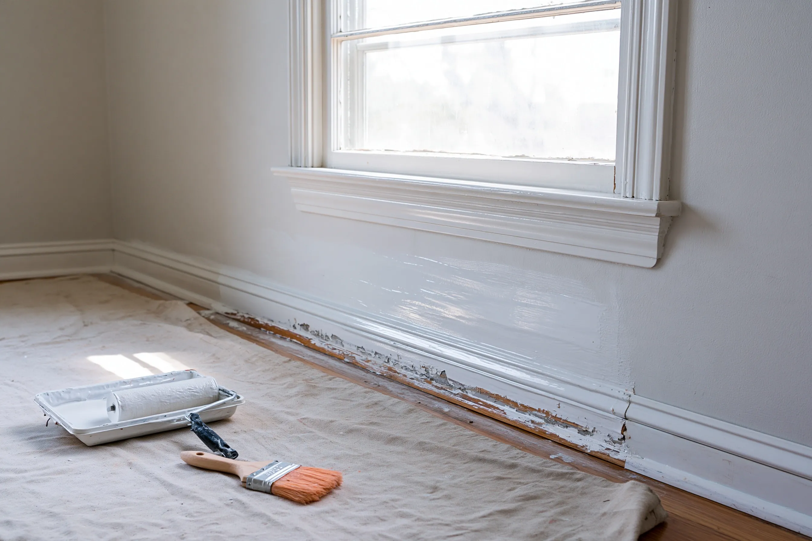 Baseboard and wall below a window partly coated in glossy white, the chipped part still bare, with a roller tray and brush on a drop cloth